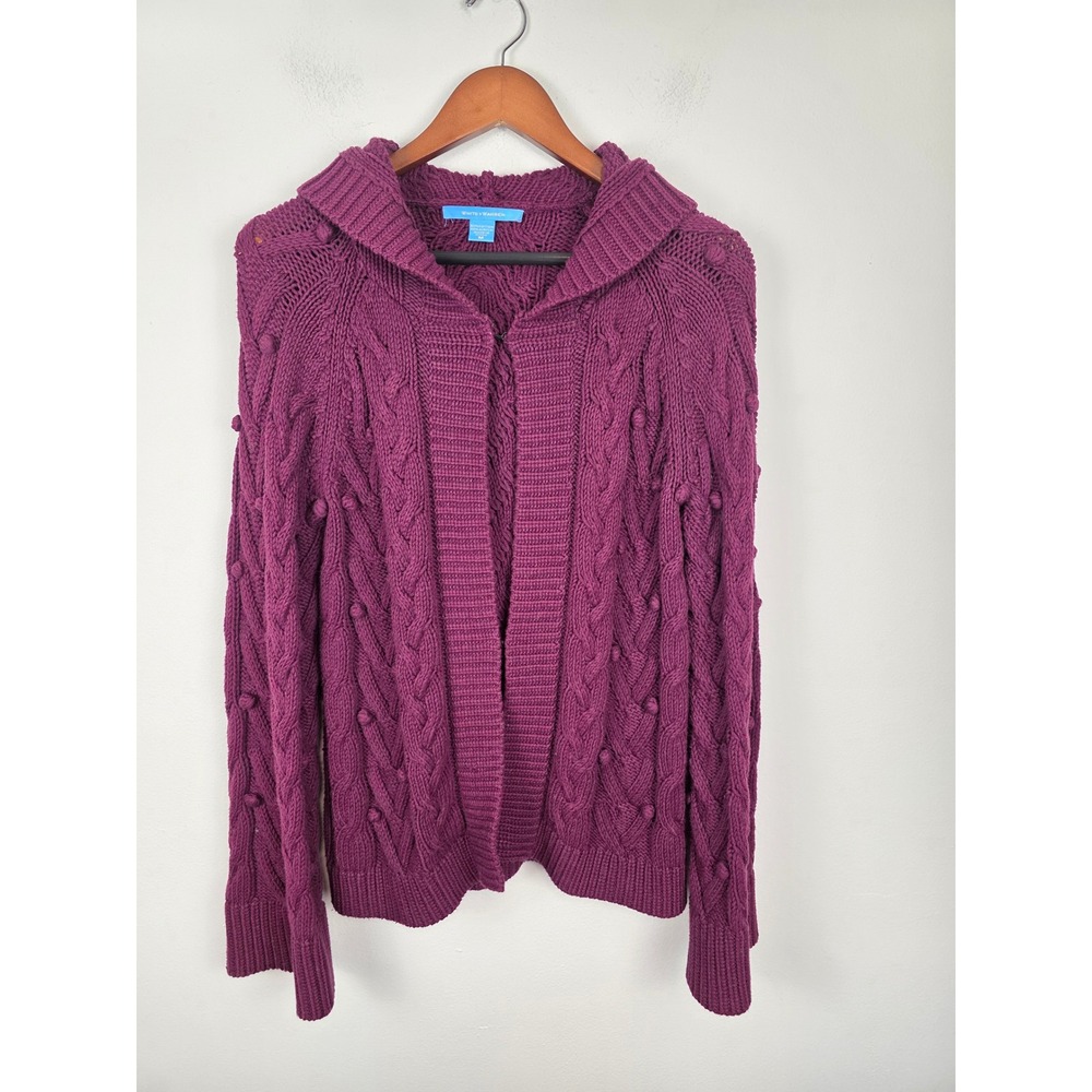 WHITE + WARREN Purple Cable Knit Bobble Hooded Cardigan Sweater Women's Size Med